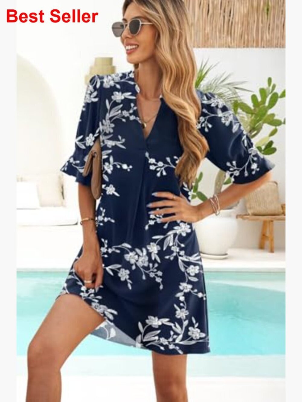 Polyester V-Neck Ruffled Sleeve Shift Dress Casual Summer - Picture 2 of 7